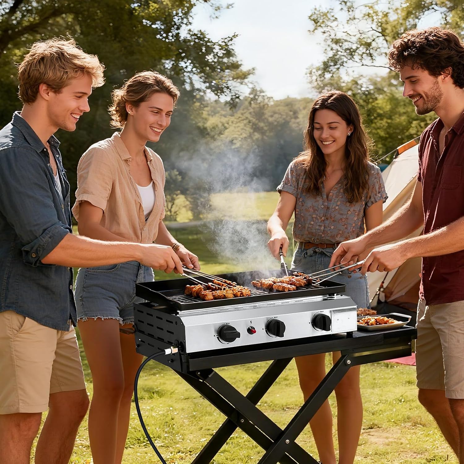 Outvita 3 Burner Foldable Propane Griddle with Wheels & Enameled Tray, 30000 BTU Portable Flat Top Gas Grill with Electronic Ignition & Regulator for Outdoor Cooking Camping BBQ Tailgating Picnicking