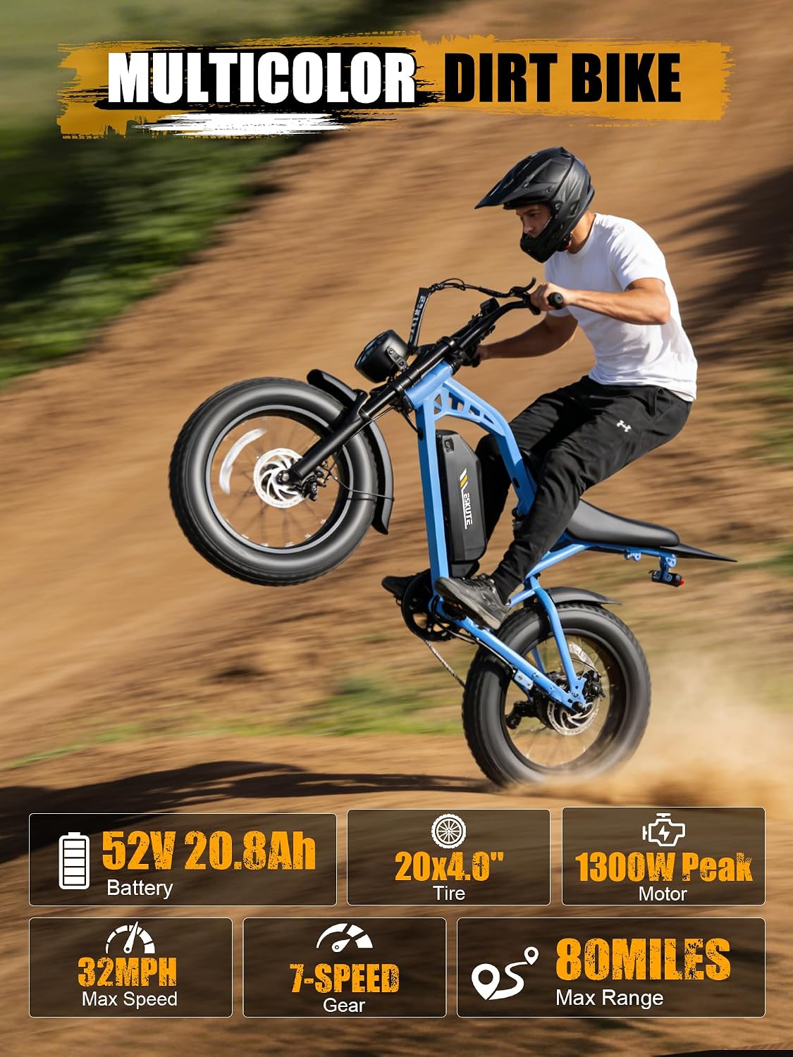 ESKUTE V200 Electric Dirt Bike for Adults,52V20.8Ah Battery,20' x4.0 Fat Tire,32MPH,NFC Unlock Color Display,7-Speed Dual Suspension,Dirt E-Bike,80 Miles, Streamlined Frame, E-Bike for Youth & Adults