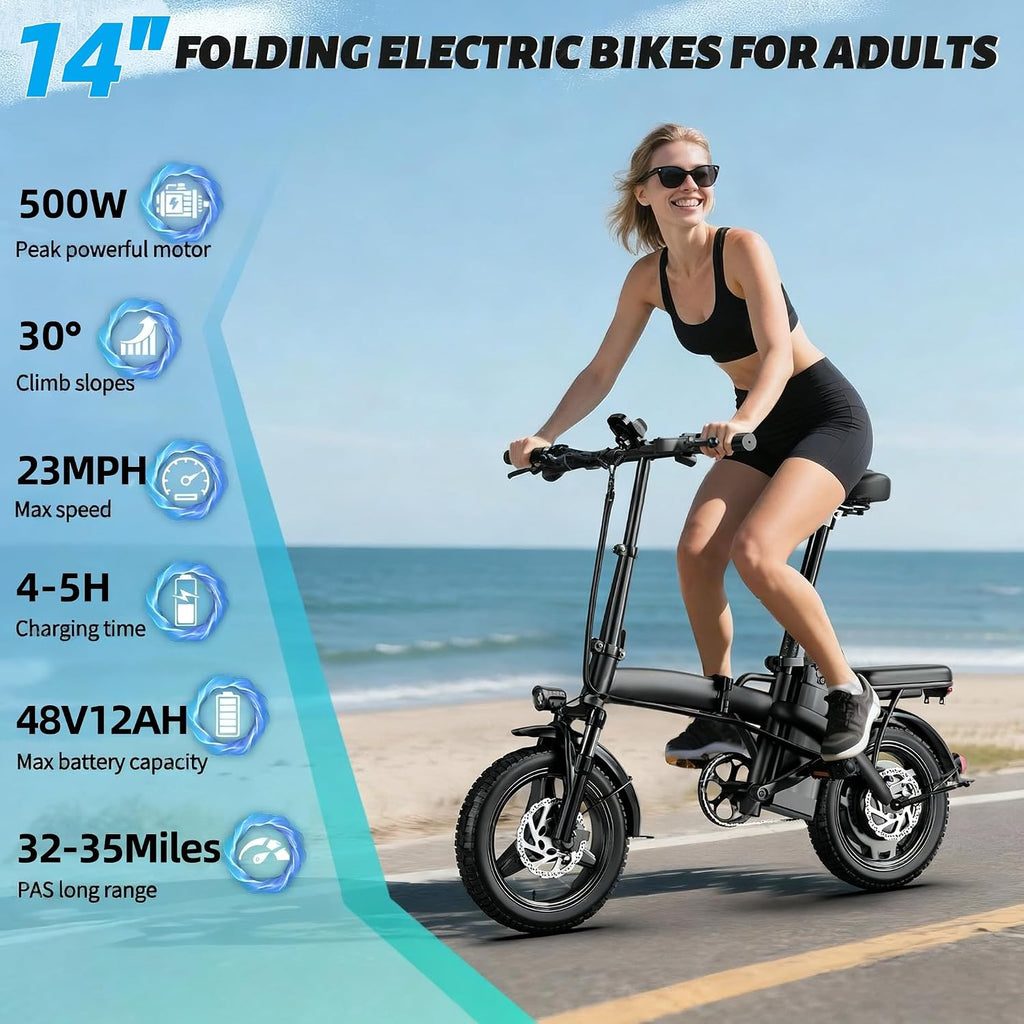 Electric Bike for Adults and Teens,500W Brushless Motor 19MPH Folding Ebike with 48V10.4Ah Removable Battery, 35Miles Range & PAS Mode with 14' Foldable Electric Bicycles, Commuting-Certified e Bike