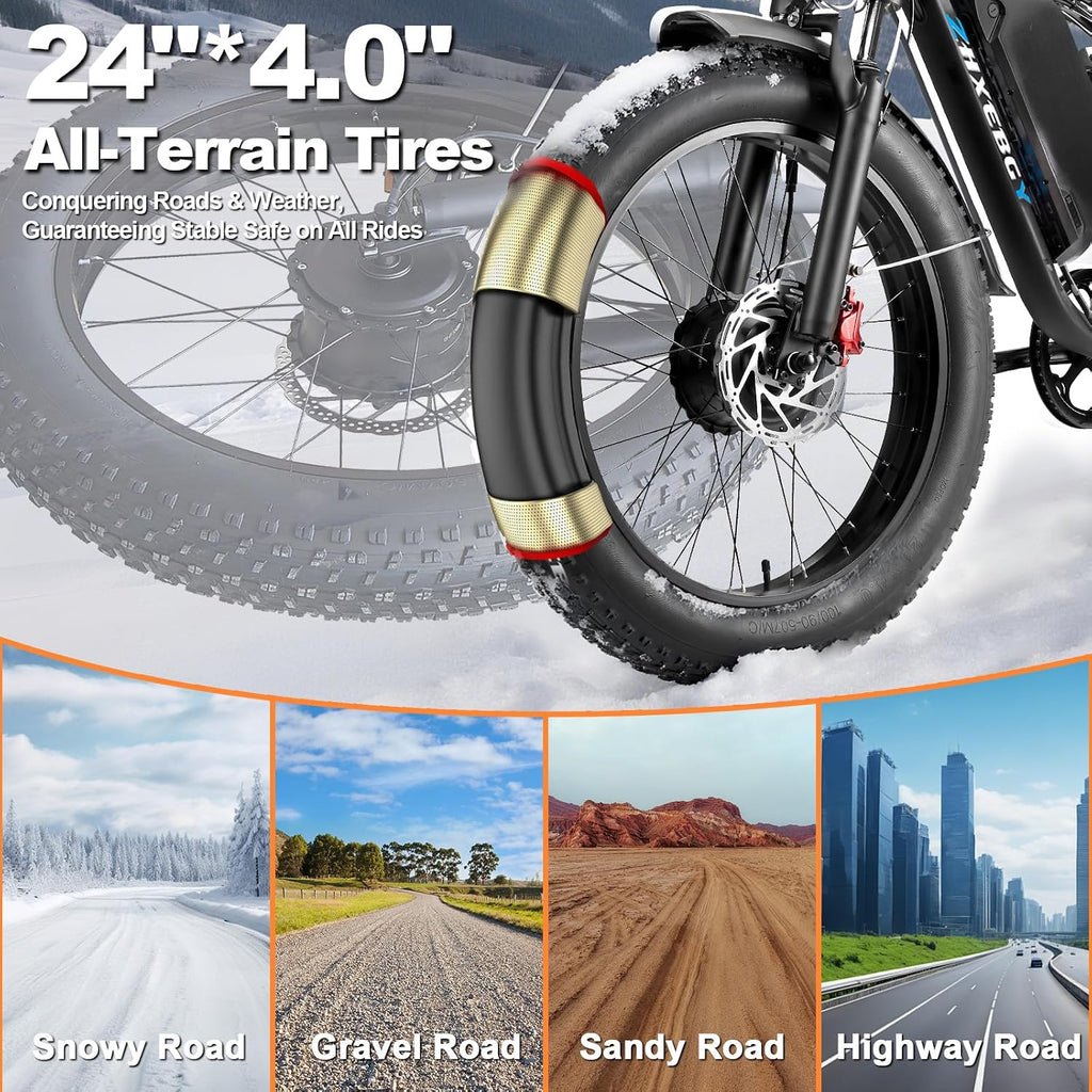 7000W Peak Dual-Motor-Ebike for Adults with 52V 34AH(1768Wh) Battery, 45MPH Fast E-Bike 100 Miles, 24' Fat Tire Electric Bike for Adults, Full Suspension Electric Bicycle Snow Off-Road (Black)