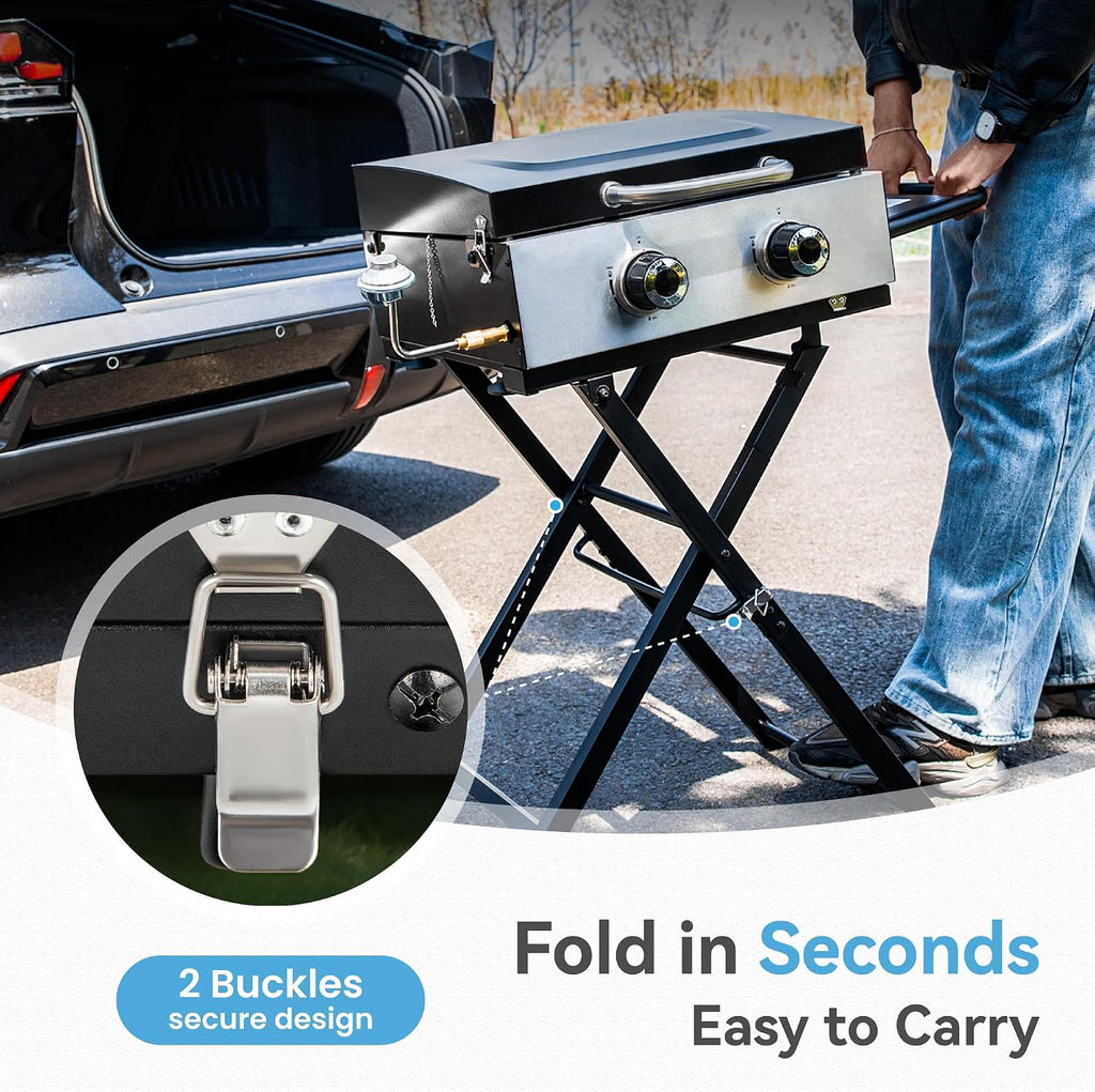 GREEN PARTY 2 Burner BBQ Propane Gas Griddle with Collapsible Stand, 18 Inch Portable Griddle with Side Table & 253 Sq. In. Cooking Area, Flat Top Gas Grill for Outdoor Cooking Garden Patio Backyard