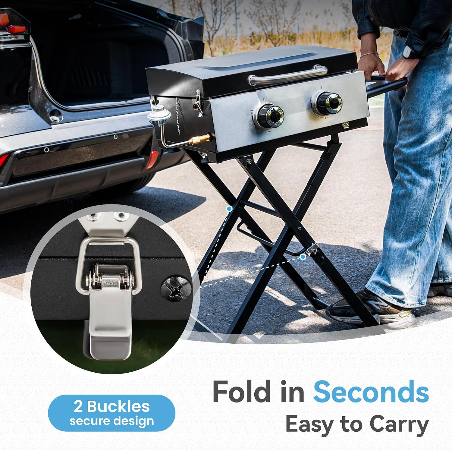 GREEN PARTY 2 Burner BBQ Propane Gas Griddle with Collapsible Stand, 18 Inch Portable Griddle with Side Table & 253 Sq. In. Cooking Area, Flat Top Gas Grill for Outdoor Cooking Garden Patio Backyard