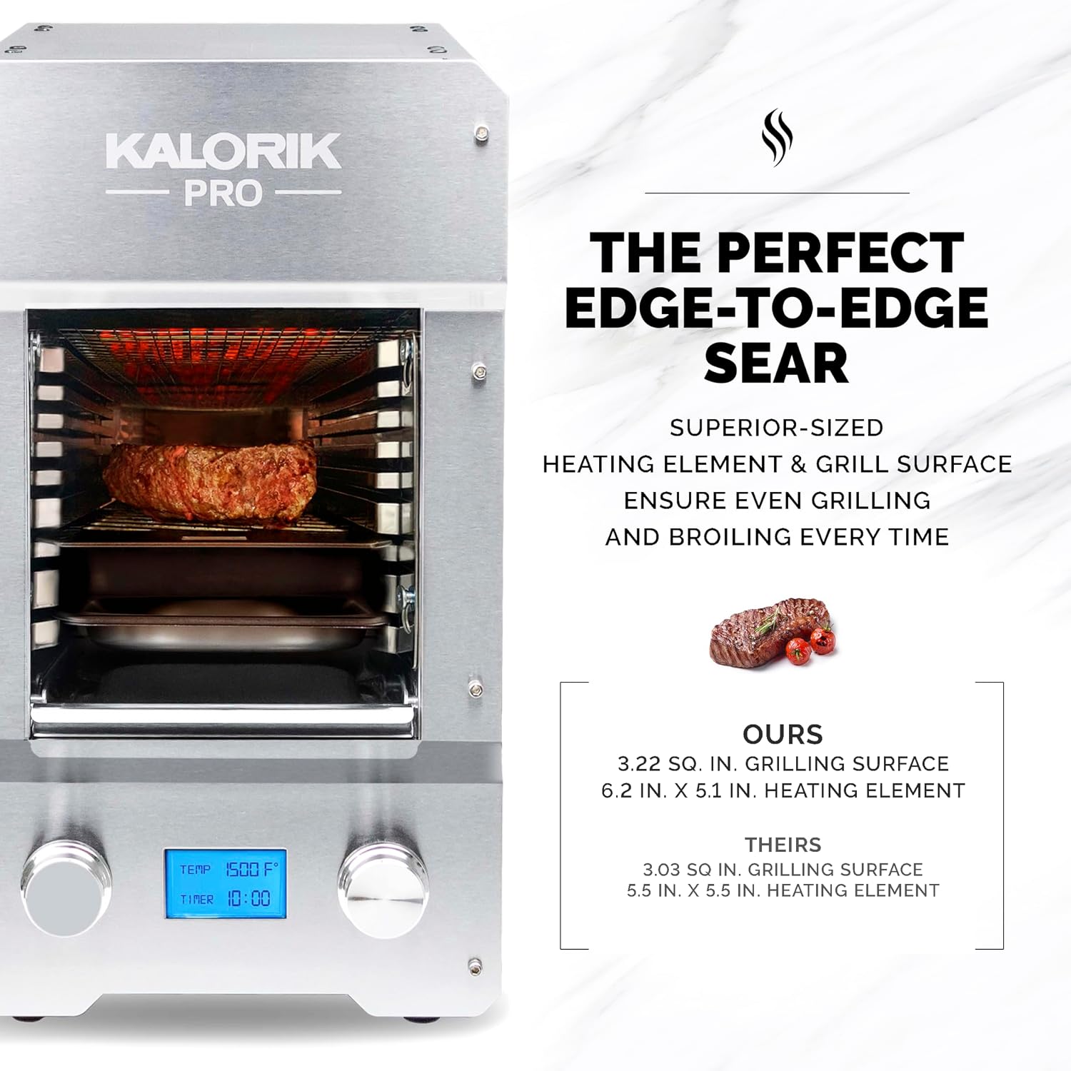 Kalorik Steakhouse Grill Pro Electric Broiler, 1500°F Stainless Steel Steak Cooker with 2 Grill Plates, Electric Grill for BBQ Burgers & Fish, 1600-Watts, Stainless Steel