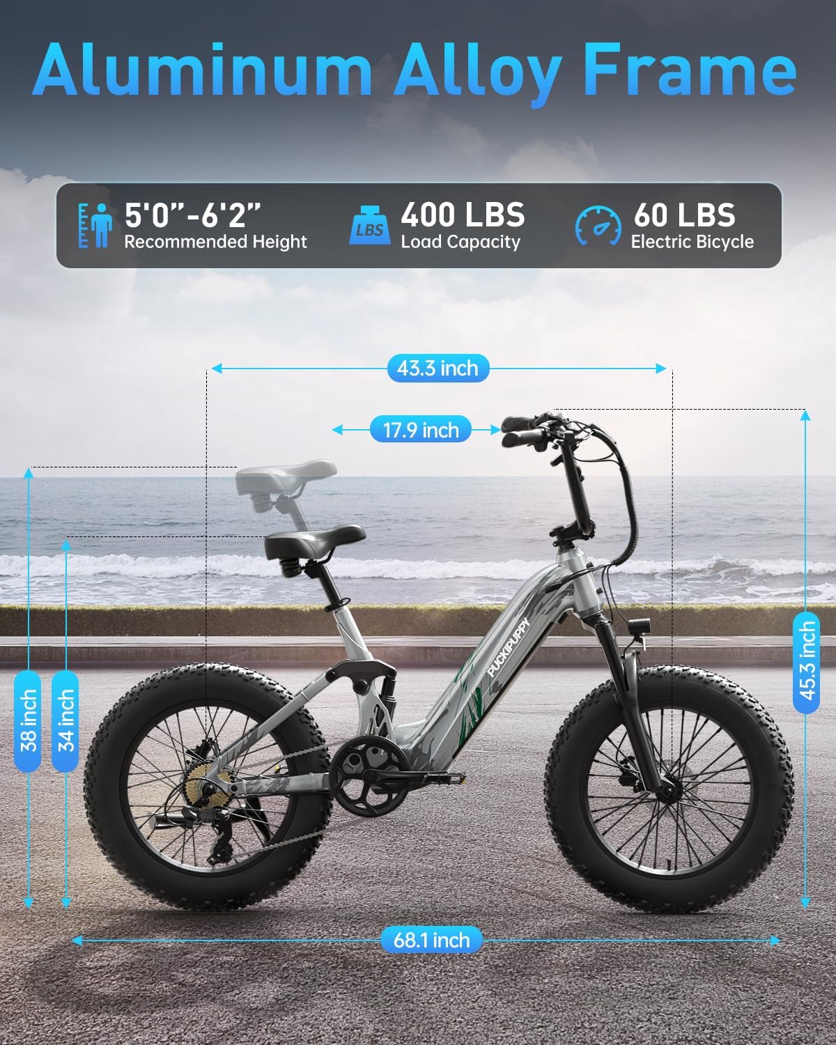 PUCKIPUPPY Electric Bike Mountain Ebike 20'' Fat Tire 7 Speed for Adults | 960W, 48V 20Ah Battery, Full Suspension, 28MPH, 80Miles Range, LCD Display