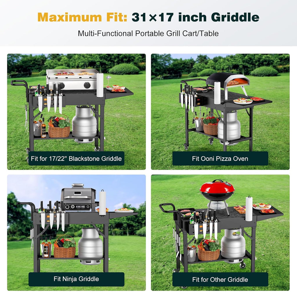 Outdoor Griddle Table, Blackstone Griddle Stand, 440lbs Folding Grill Cart, Pizza Oven Table Stand for Onni,Food Prep Table with Wheels for Outdoor BBQ Camp Ninja Woodfire Grill Stand, 31'W x 17'D