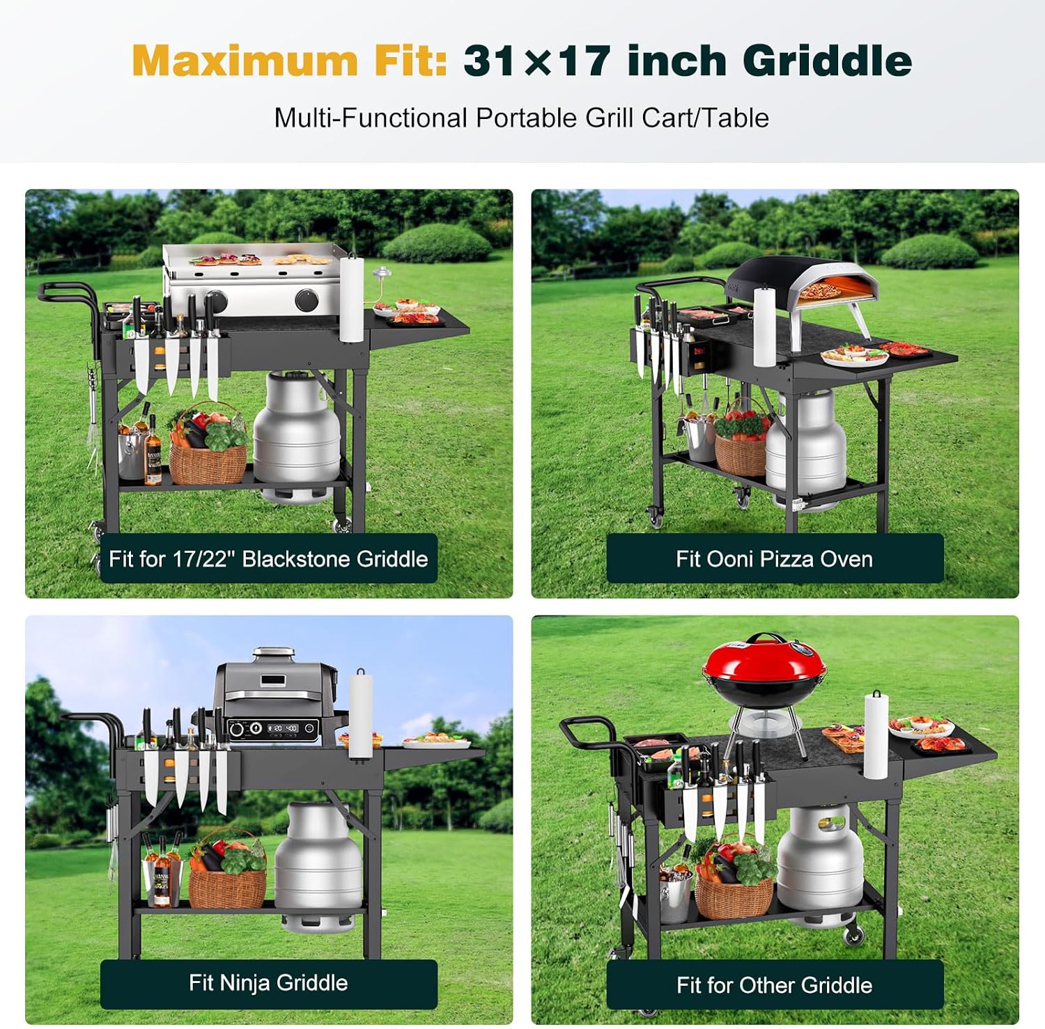 Outdoor Griddle Table, Blackstone Griddle Stand, 440lbs Folding Grill Cart, Pizza Oven Table Stand for Onni,Food Prep Table with Wheels for Outdoor BBQ Camp Ninja Woodfire Grill Stand, 31'W x 17'D