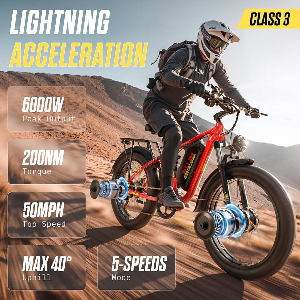 6000W Dual Motors Electric Bike for Adults,60V 20Ah 26' Fat Tire Ebike,50 mph up to 100 Miles Full Suspension Class 3 Electric Bicycle for Snow Off Road Mountain Hunting Commuter