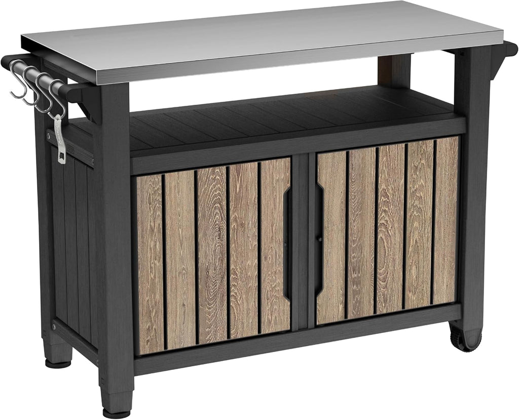 Keter Unity XL Outdoor Entertainment Cart with Wood‑Look Finish, 78‑Gallon Patio Storage Cabinet, Food Prep Station, Stainless‑Steel Top for BBQ, Grill, Patio, Deck & Backyard, Ashwood
