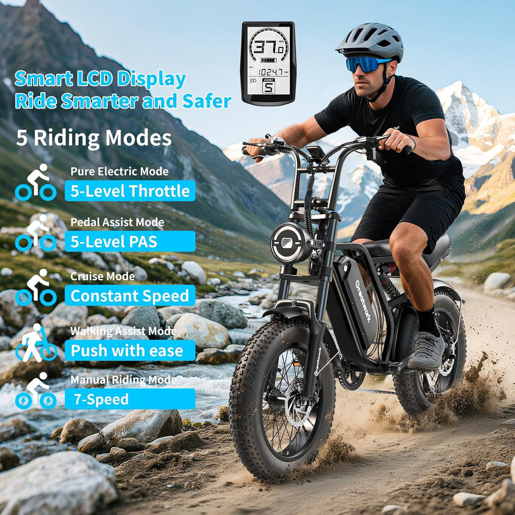 GREATWORK 2500W Peak Electric Bike for Adults, 1200Wh Removable Battery, Max 37MPH & 100 Miles Electric Dirt Bike with Full Suspension, 20'x4' Fat Tire Motorcycle Style Commuter Ebike for Men Women