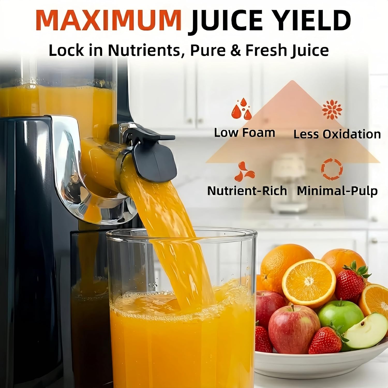 Cold Press Juicer Machines, 5.3' Large Feed Chute Slow Masticating Juicer for Whole Fruits & Vegetables, Easy Clean, 300W Quiet Juice Extractor, 99% High Juice Yield, Black