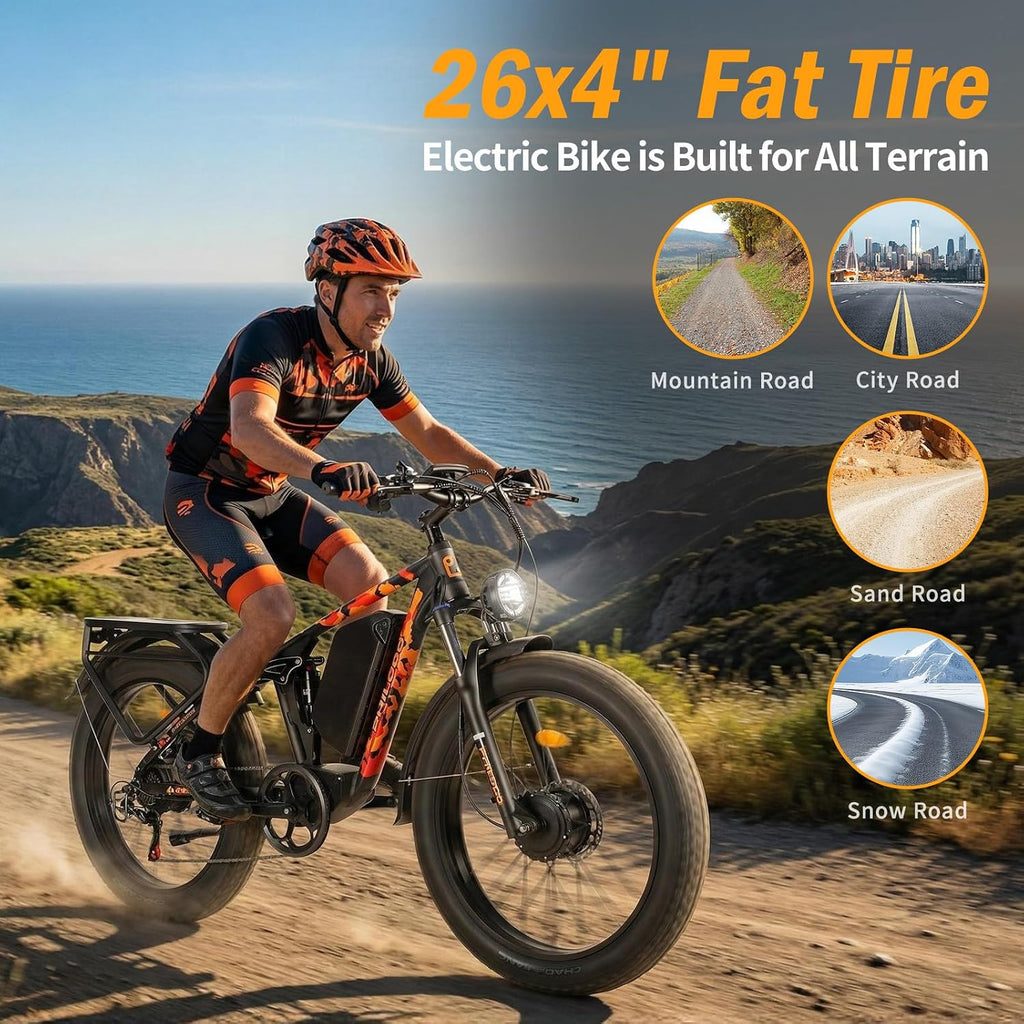 5000w Dual Motor E-Bike 60V Electric Bike for Adults,45 MiIe P-Hour Full Suspension Hydraulic Disc Brakes EBike,26/24x4 Fat Tires Mountain Bikes for All Terrain Snow/Sand