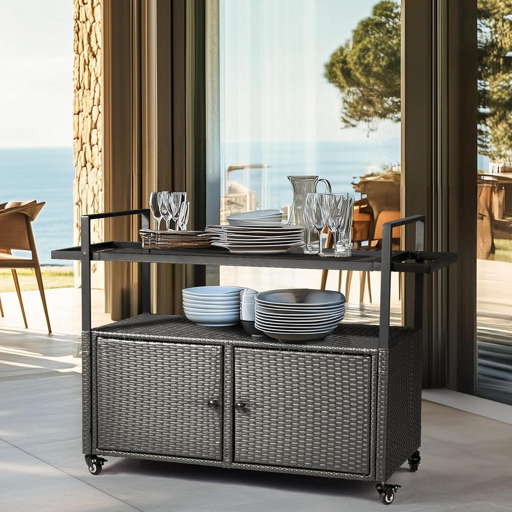 VINGLI Wicker Outdoor Bar Cart with Storage and Wheels, Outdoor Bar Table Serving Cart Rattan Bar Cart with Glass Top and Shelf for Pool, Party, Backyard, Porch (Black)