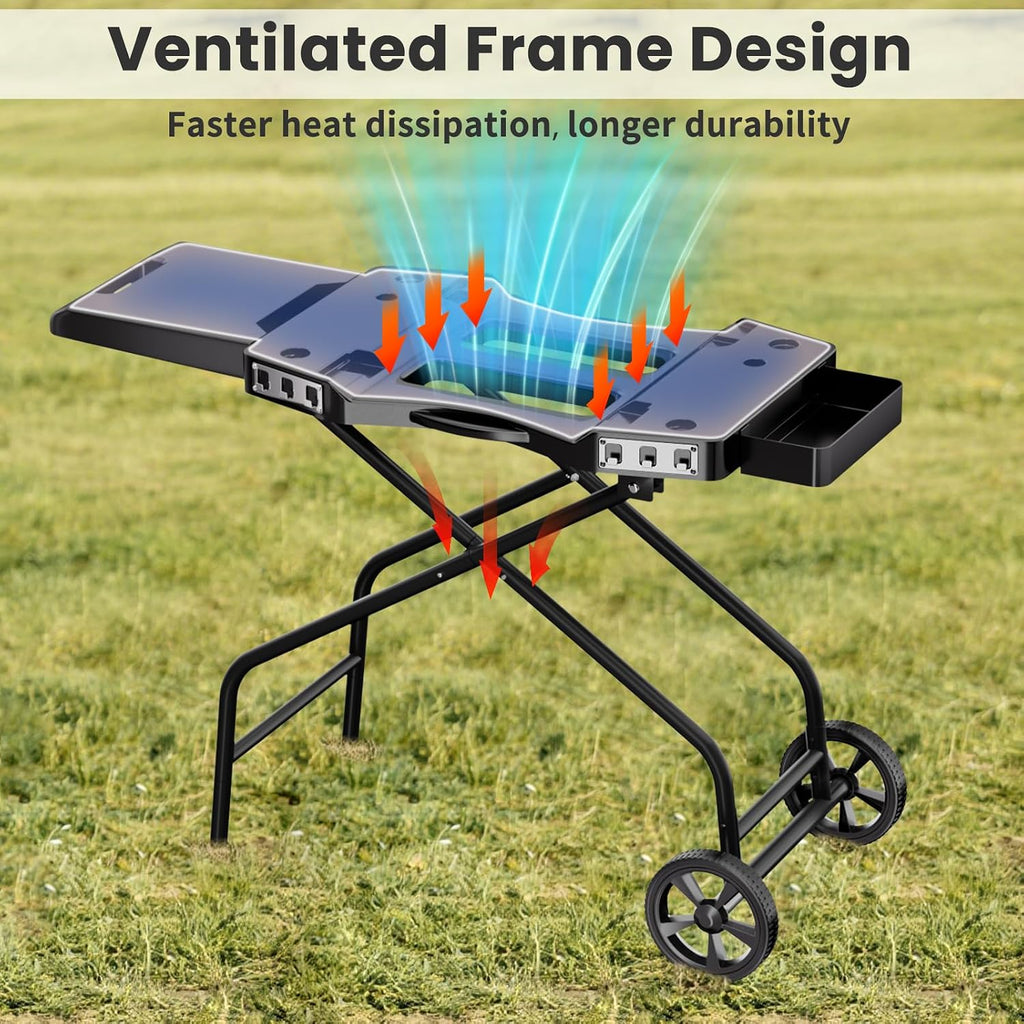 GRISUN Foldable Grill Table Stand for Ninja Woodfire Outdoor Grill（OG700/701/751), Portable Camping Table for Blackstone 22', Portable BBQ Stand with 2 Wheels, Side Table & Storage Basket