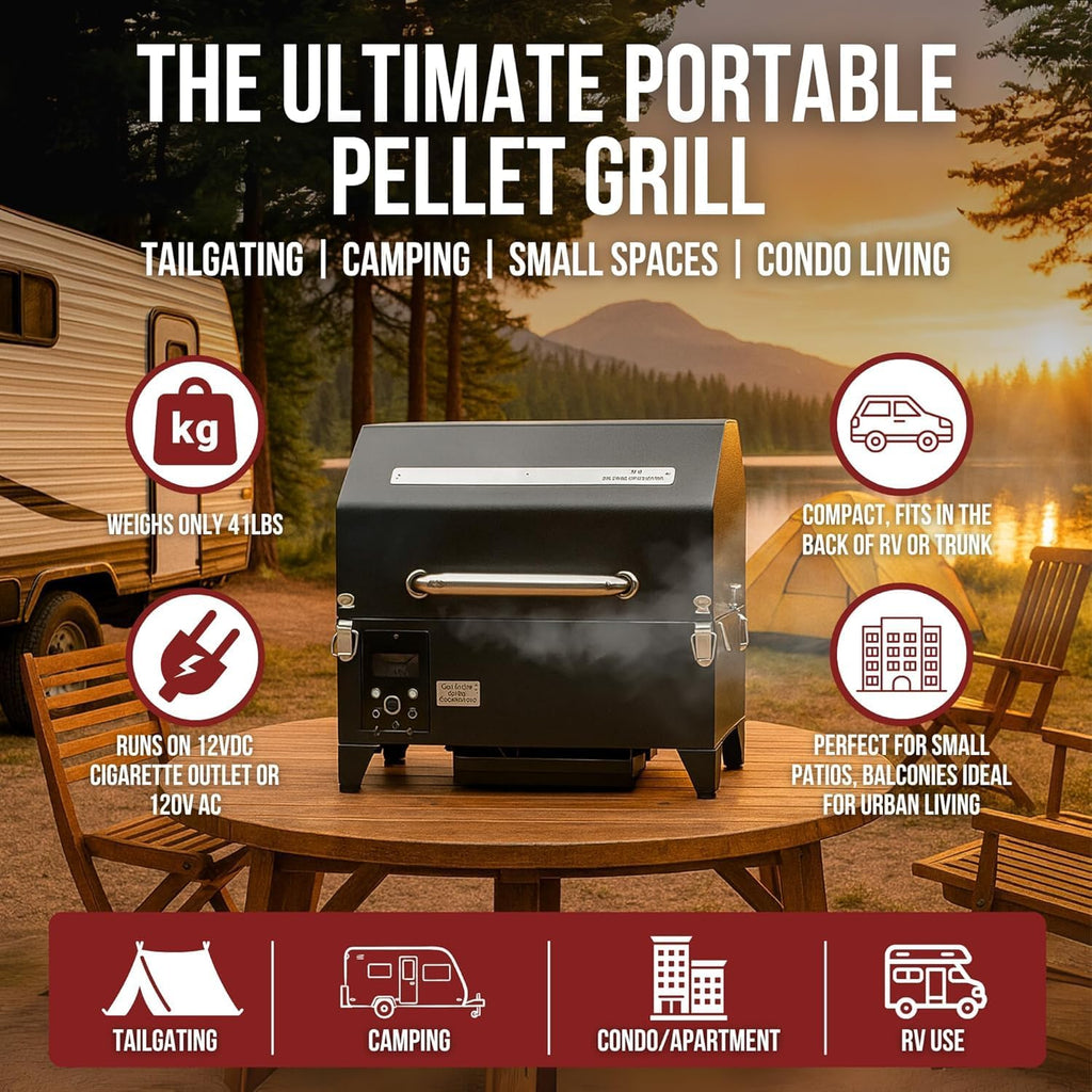 Portable Electric Smoker Grill by Freedom Stoves – 12V/120V Pellet BBQ for Camping, Tailgating & Backyard | Digital Control, Dual Probes, 8.5LB Hopper