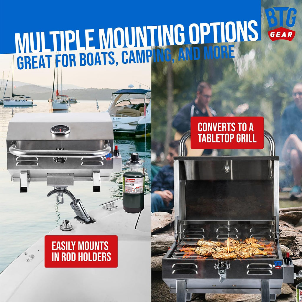 Tailwaves Marine Boat Grill w/Rod Holder Mount | Stainless Steel | Propane Boats & Tailgating & Camping | Built in Thermometer | Portable | Fold-away legs