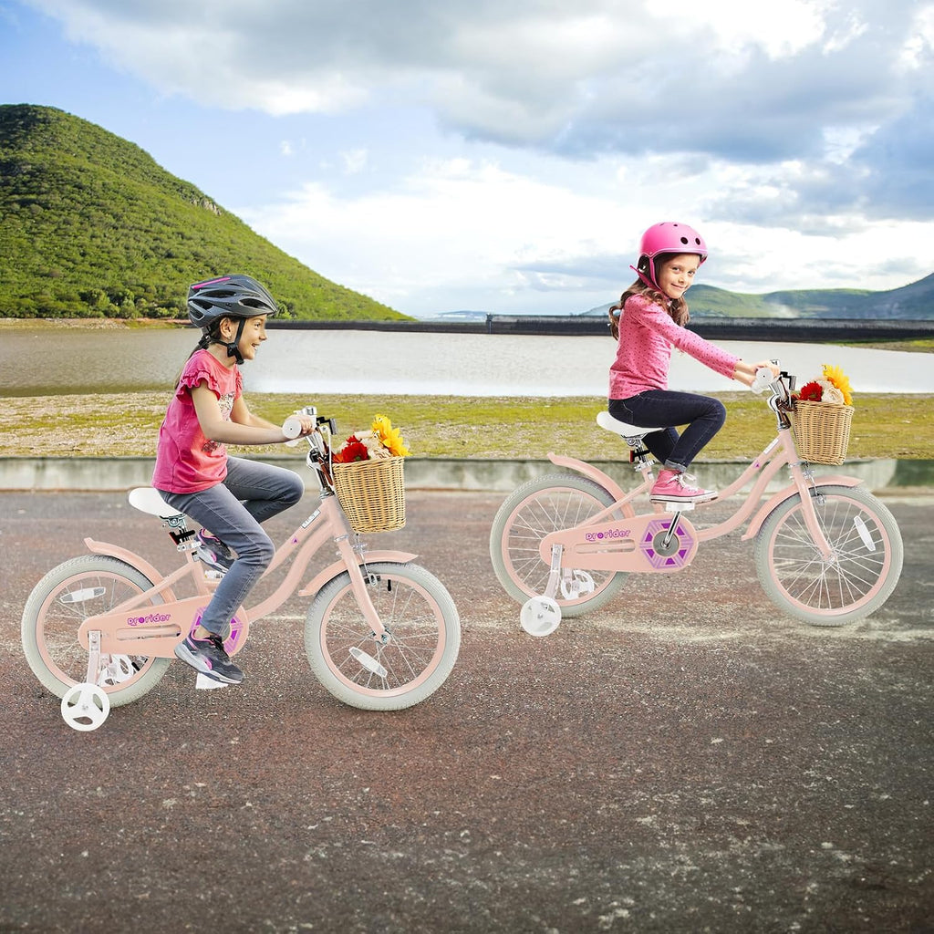 BABY JOY Kids Bike, 14 16 18 Inch Retro Kids Bicycles for 3-8 Years Old Children with Training Wheels, Adjustable Height, Rattan Basket, Handbrake & Coaster Brake, Boys Girls Bike (Pink, Green, Blue)