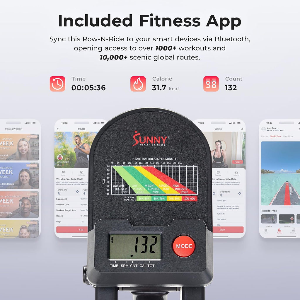 Sunny Health & Fitness Row-N-Ride Squat Machines, Adjustable Resistance and Seating/Handle for Home Glutes Training, SunnyFit App Access Included