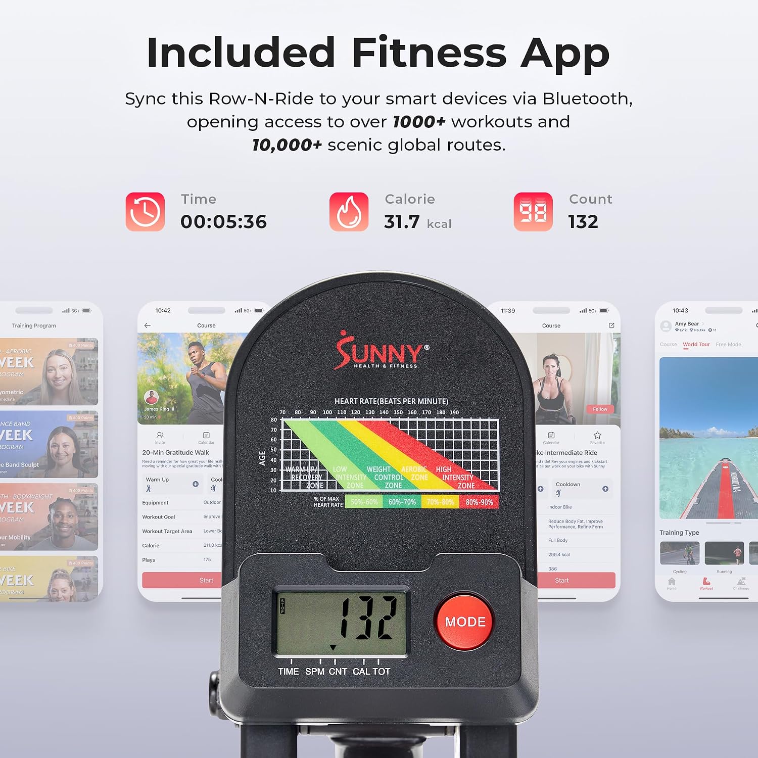 Sunny Health & Fitness Row-N-Ride Squat Machines, Adjustable Resistance and Seating/Handle for Home Glutes Training, SunnyFit App Access Included