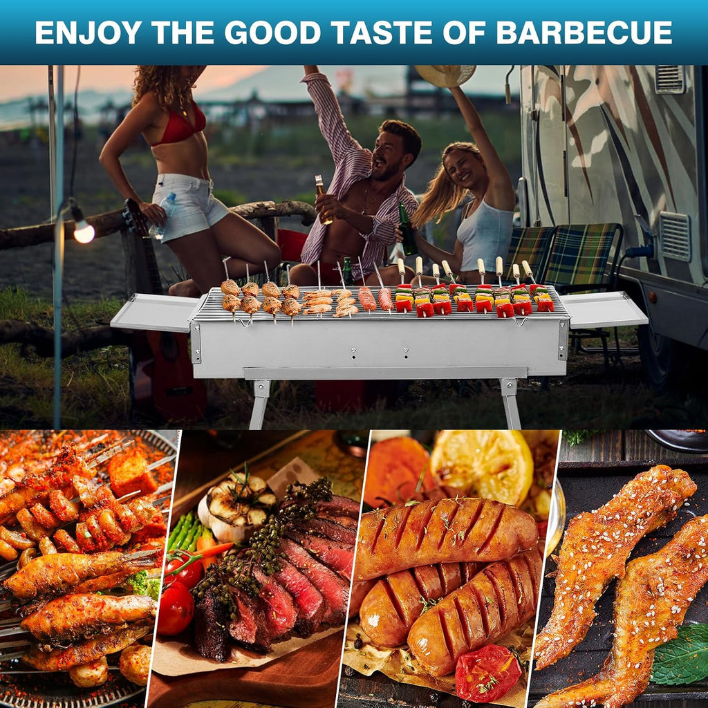 IRONWALLS Portable Charcoal Grill Outdoor Cooking, 32'L x 10'W Folded Camping Barbecue Grill with Storage Shelf, Metal Kebab Skewers, Rectangular Lamb Skewer Grill for Backyard Party Picnic Travel