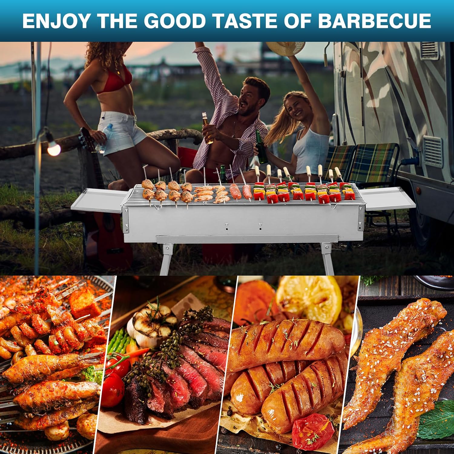 IRONWALLS Portable Charcoal Grill Outdoor Cooking, 32'L x 10'W Folded Camping Barbecue Grill with Storage Shelf, Metal Kebab Skewers, Rectangular Lamb Skewer Grill for Backyard Party Picnic Travel