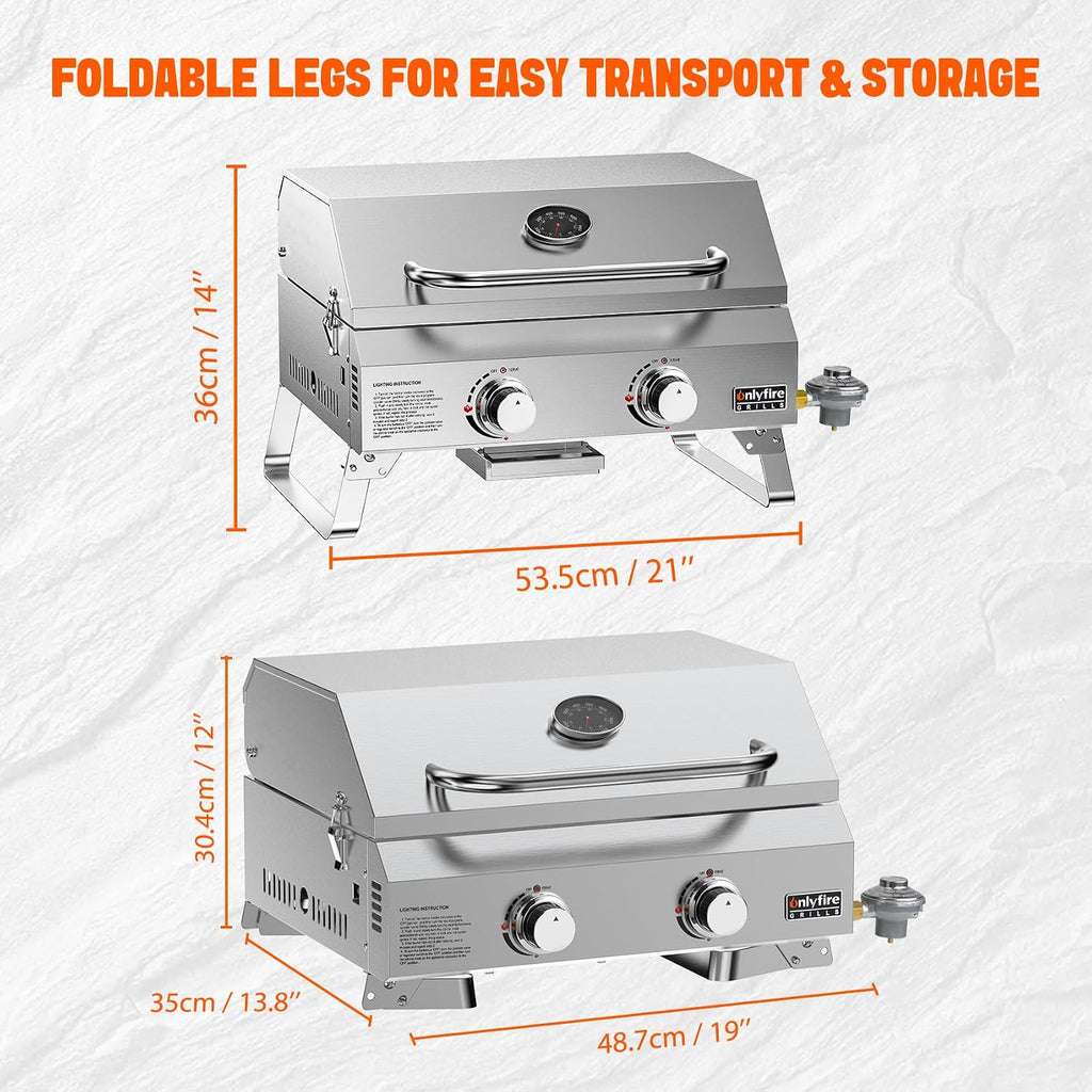 ONLYFIRE GRILLS Tabletop Gas Grill 2 Burners, 20' Portable Propane Grill with Foldable Legs for Outdoor Patio Backyard Camping Tailgating RV Trip Beach, Stainless Steel Gas Stove 16000BTU, GS322