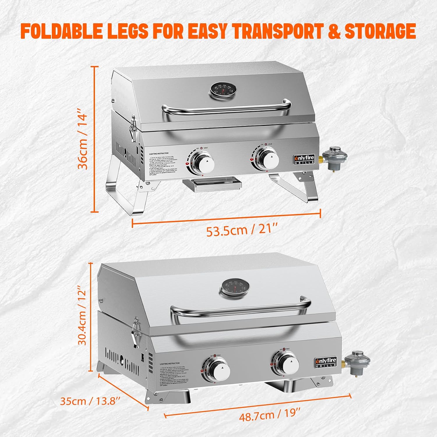 ONLYFIRE GRILLS Tabletop Gas Grill 2 Burners, 20' Portable Propane Grill with Foldable Legs for Outdoor Patio Backyard Camping Tailgating RV Trip Beach, Stainless Steel Gas Stove 16000BTU, GS322