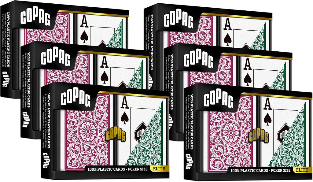 Copag 1546 Design 100% Plastic Playing Cards, Poker Size (Standard) Green/Burgundy (Jumbo Index, 6 Sets)