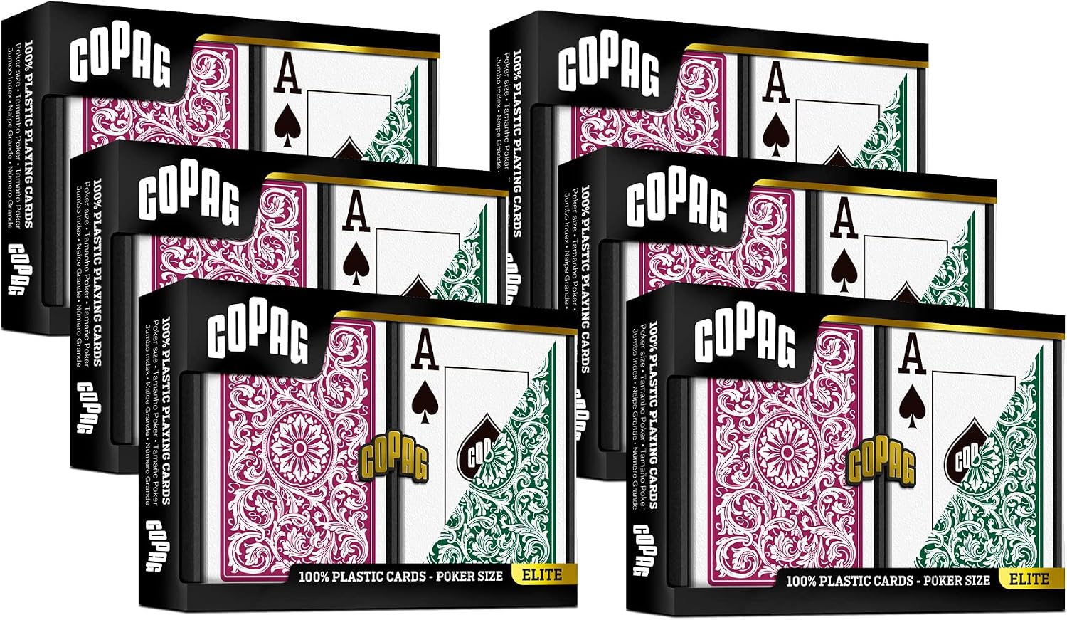 Copag 1546 Design 100% Plastic Playing Cards, Poker Size (Standard) Green/Burgundy (Jumbo Index, 6 Sets)