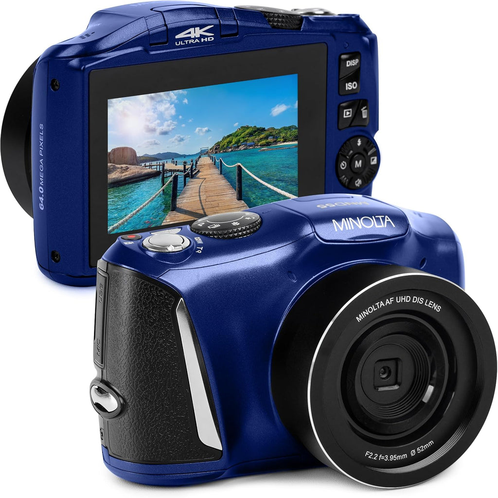 Minolta 64MP Digital Camera – 4K Ultra HD Video at 60FPS, 16x Digital Zoom, WiFi, CMOS Sensor, 3-inch LCD Display, Auto Exposure - Includes 32GB Memory Card, Rechargeable Battery (Blue)