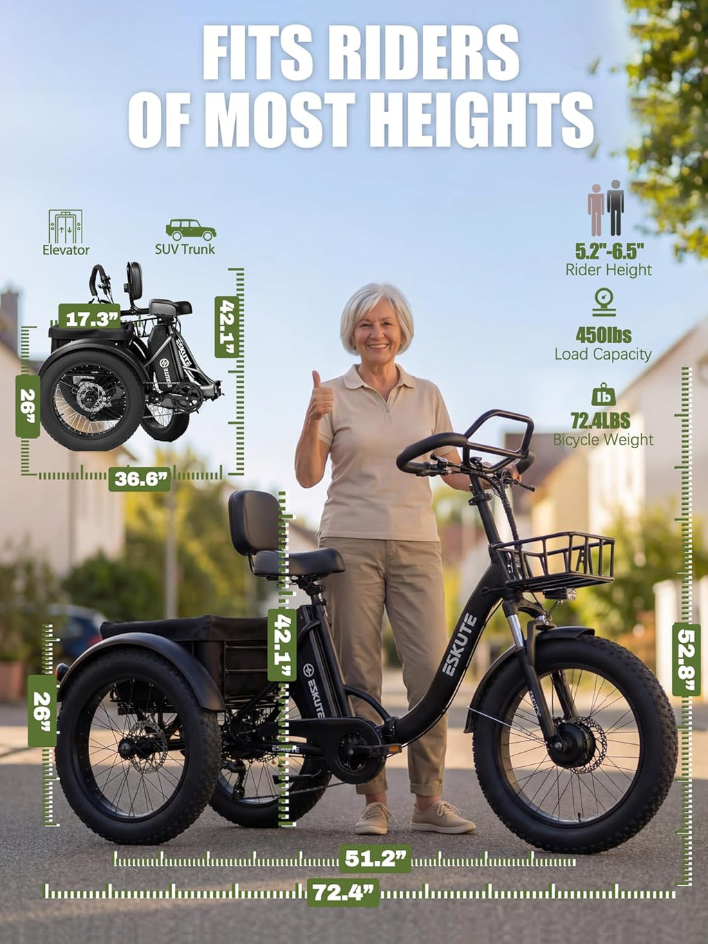 ESKUTE T300 Pro Electric Trike for Adults, 998.4Wh Long-Range Battery, 1200W Peak Motor, 20'x4.0' Fat Tires, Foldable 3-Wheel Butterfly Handlebar E-Bike with Storage Bags