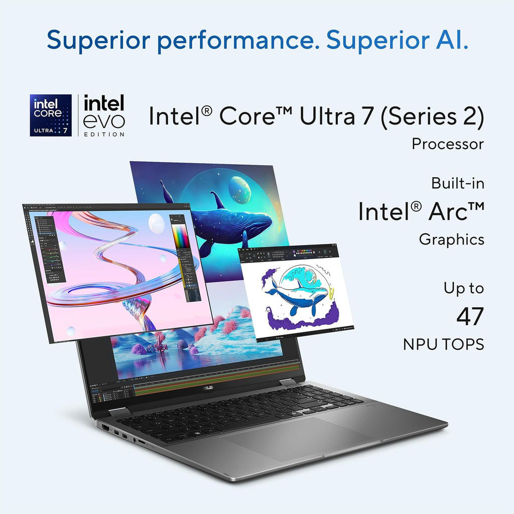 ASUS Vivobook 16 Flip Laptop, Copilot+ PC, 16' OLED 3K 120Hz Touch Display, Intel® Core™ Ultra 7 256V, Intel® Arc™ Graphics, 16GB Memory, 512GB SSD, Matte Gray, TP3607SA-DS74T