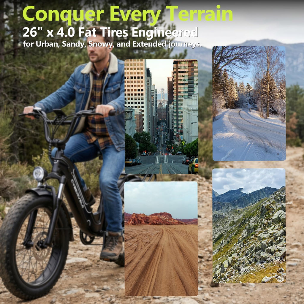 Cybervelo 750W Peak Electric Bike for Adults,up 80 Miles Removable Battery Ebike, 26' Electric E Bike with 7-Speed,Adult Electric Bicycles for Commute Beach Snow Womens/Man All Terrain