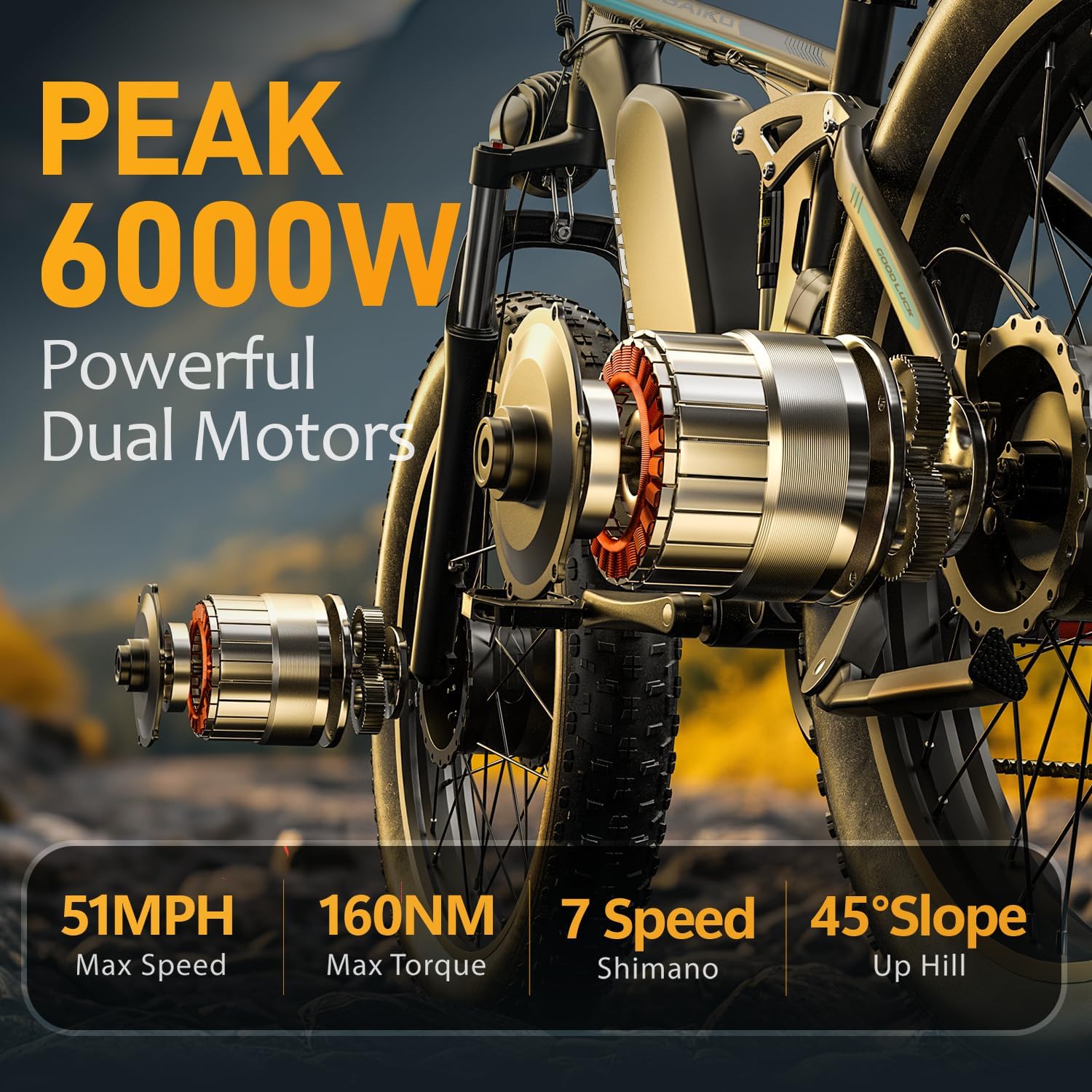 Electric Bike for Adults 51MPH 36Ah 52V Fast Ebike 6000W Peak Dual Motors 26' Full Suspension Fat Tire E Bikes for Men with Hydraulic Brake 130 Miles Electric Bicycle