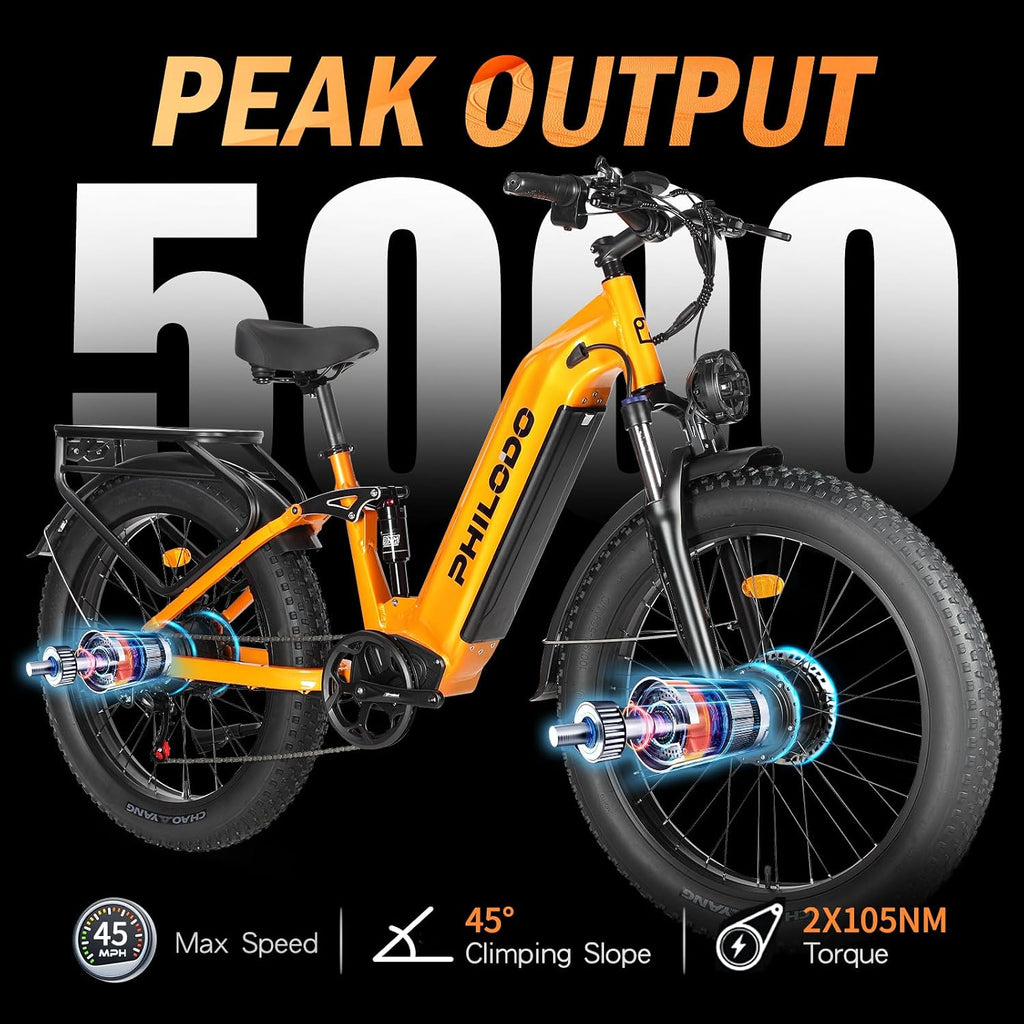5000w Dual Motor Electric Bicycles, 60V Battery E-Bike with 45 MiIe P-Hour Electric Bike for Adults, 26 Fat Tire Hunting Ebike for All Terrain, Full Suspension Electric Ebike