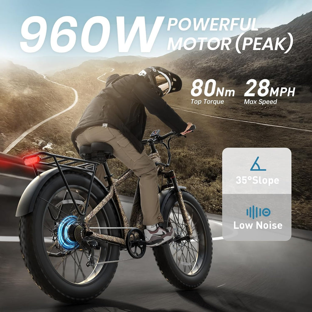 PUCKIPUPPY Electric Bike for Adults with 960W(Peak), 26' Fat Tire Electric Mountain Bike, 48V 15AH Removable Battery Ebike, 28MPH Aluminum Frame E Bike with Rear Storage Shelf