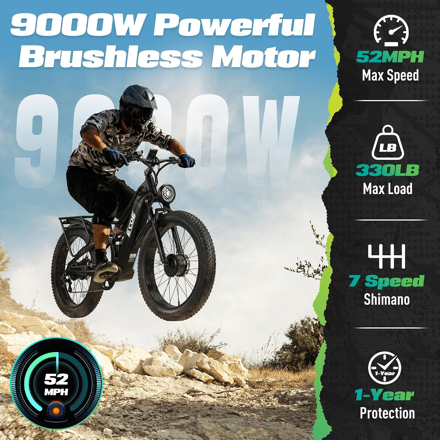 EcoE 7000/9000W Dual Motor Electric Bike for Adults 52MPH Charge Voltage 63 V32A, 26x4 Fat Tire All Terrain Ebikes, Full Suspension E Bike, SHM 7-Speed Gear Electric Bicycle