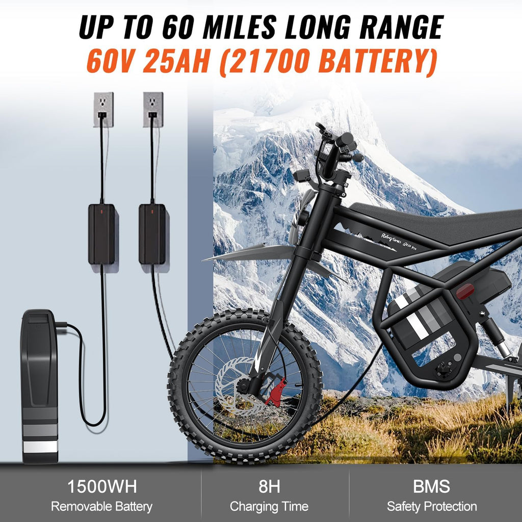 GT54 PRO /GT54 Electric Dirt Bike for Teens, 60V 25AH 40MPH // 48V 27AH 37MPH Ebike with 14'/12' Motorcycle Tire, 3000W/2000W Dual Hydraulic Brakes Mountain Off-Road Dirtbike for Ages 13+