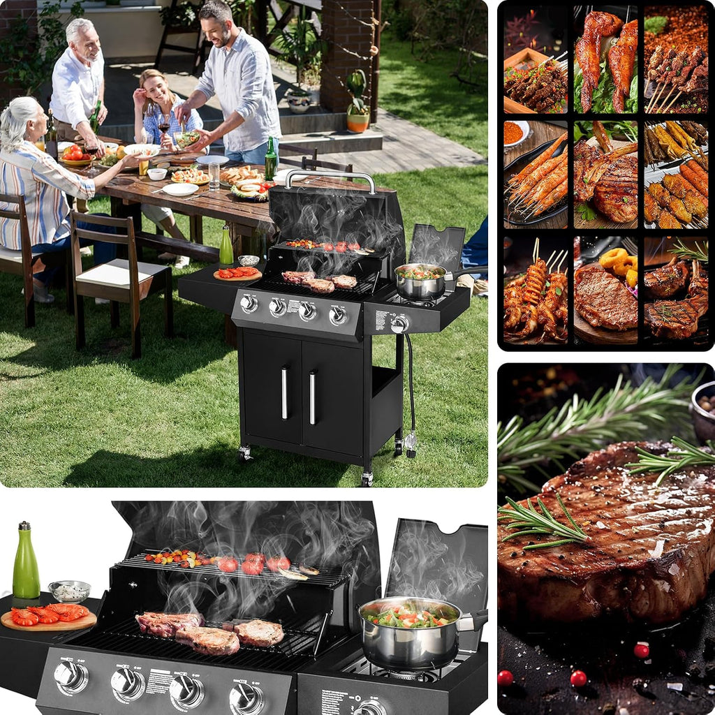 ROVSUN 4-Burner Propane Gas BBQ Grill with Side Burner & Enameled Cast Iron Grates, 58,000 BTU Barbecue Grill with Wheels for Outdoor Patio Backyard Cooking Grilling, Black