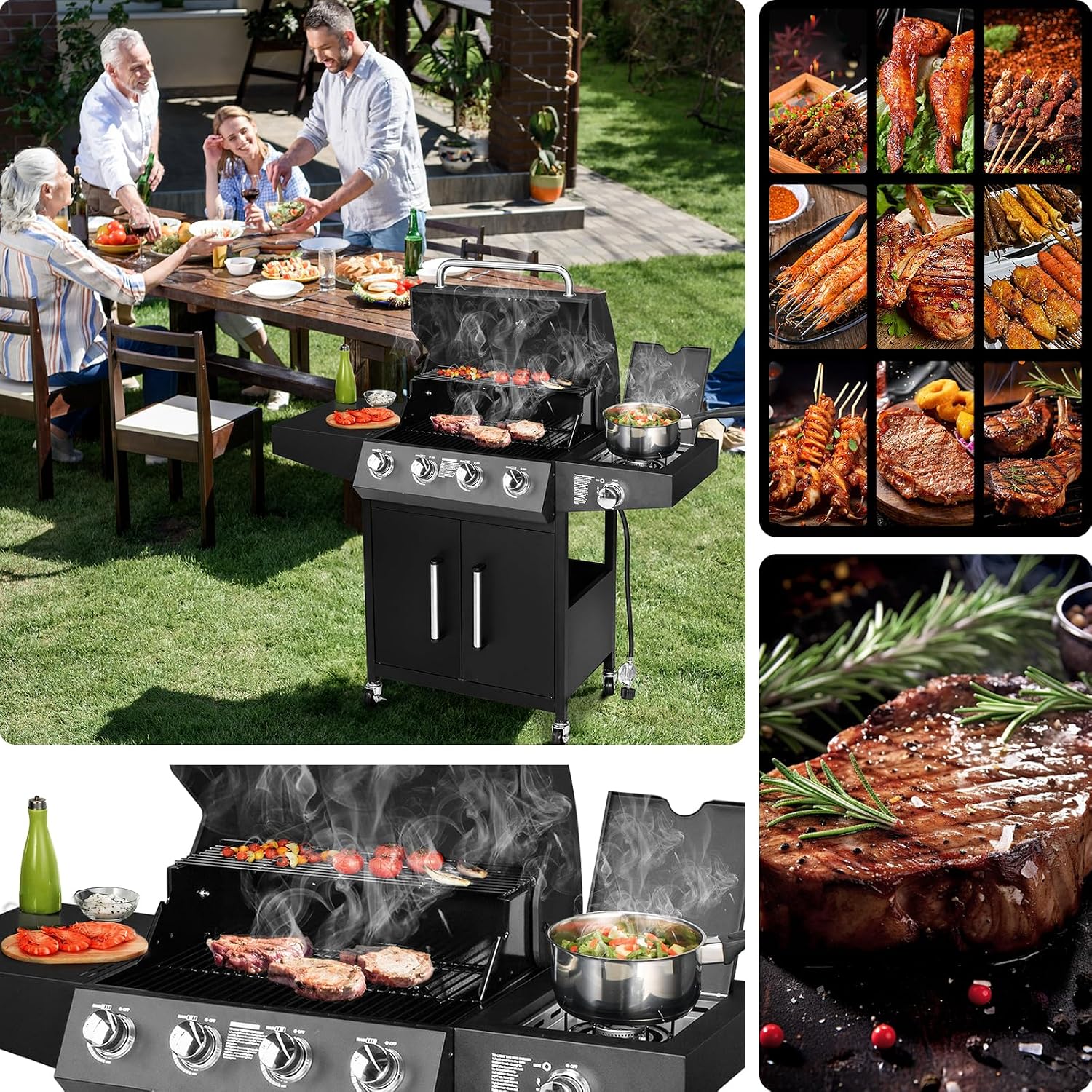 ROVSUN 4-Burner Propane Gas BBQ Grill with Side Burner & Enameled Cast Iron Grates, 58,000 BTU Barbecue Grill with Wheels for Outdoor Patio Backyard Cooking Grilling, Black