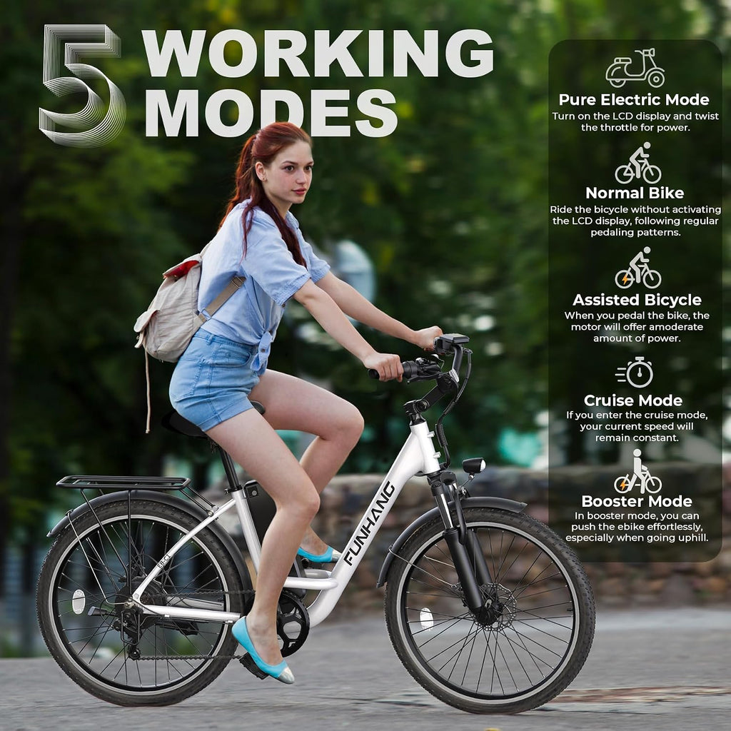 Funhang Electric Bike for Adults, 26' City Cruiser Ebike with 1000W Peak Motor, 20MPH 50 Miles Commuter Adult Electric Bicycles with 48V Battery, Adjustable Stem, 7-Speed, UL 2849 Certified