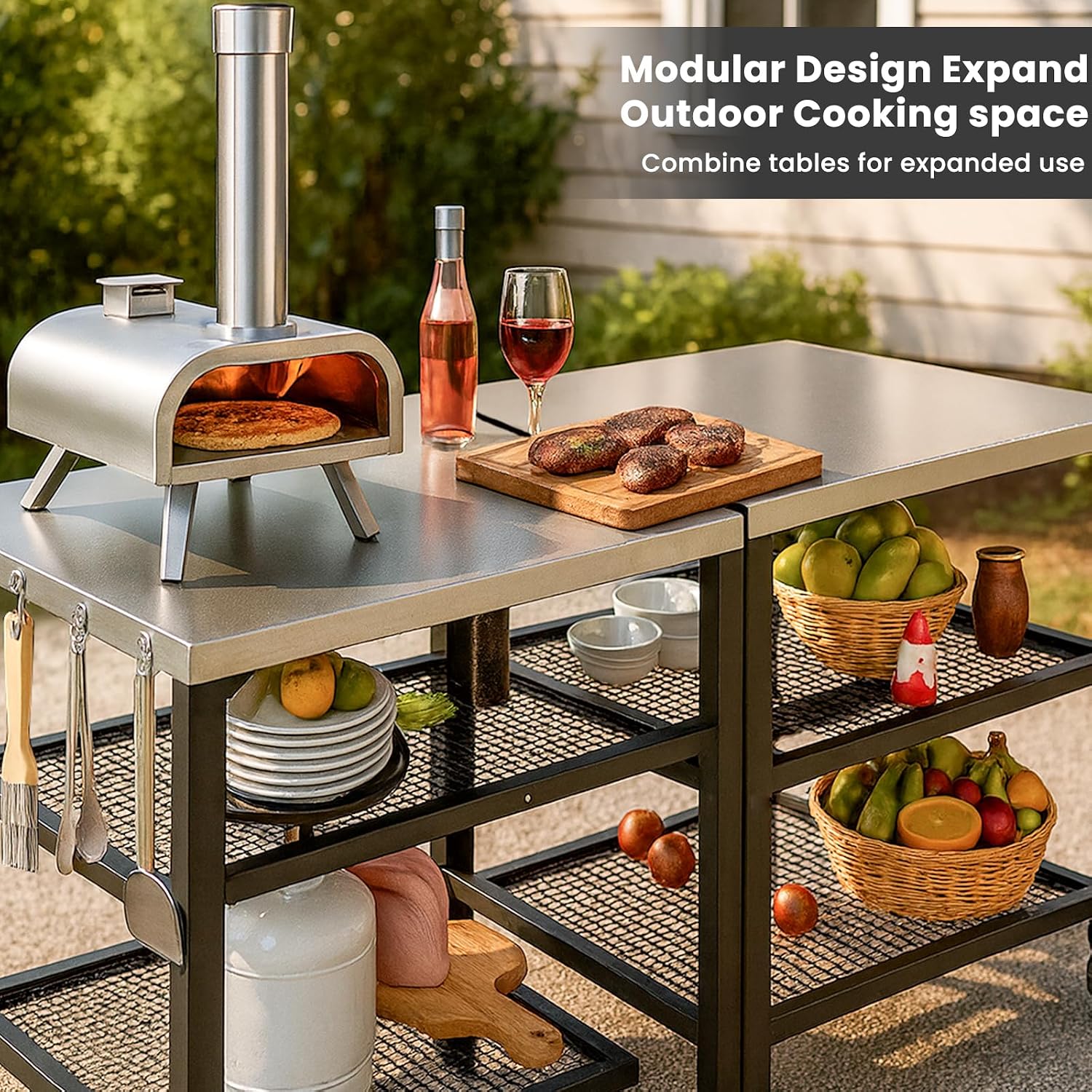 Pizza Oven Table for Ninja Woodfire, Blackstone, Cuisinart, 32x24 Inch Stainless Steel Outdoor Grill Prep Cart with Hooks, Portable Food Station