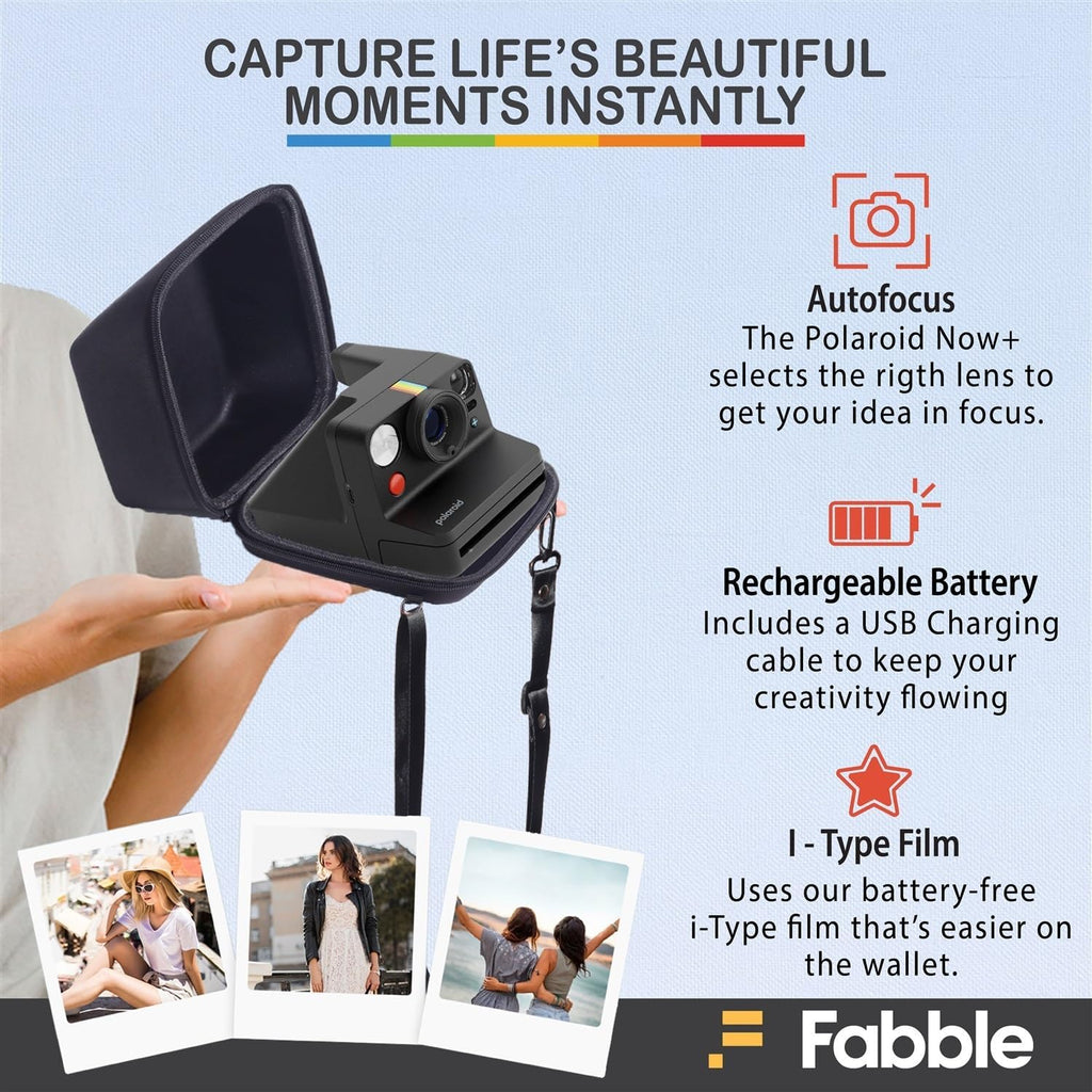 Polaroid Now+ Generation 3 I-Type Instant Film Camera (Black) Bundle with Polaroid Color I-Type Film (8 Exposures), Hard Protective Case and USB-C 6 ft. Cable