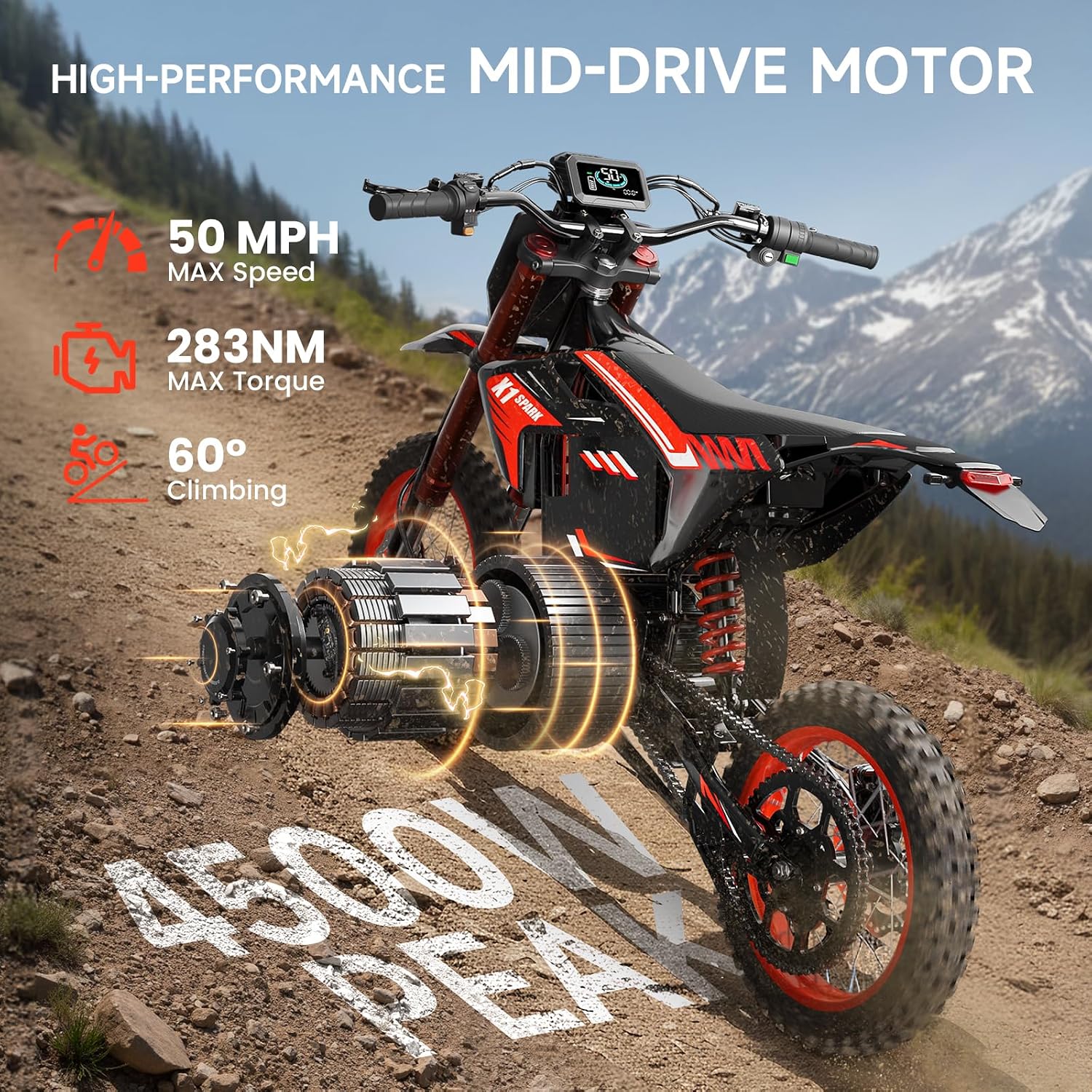 QRONGE X1 Spark Electric Dirt Bike, Electric-Bike with 60V 28.8Ah Battery, 50MPH, Electric Motorcycle for Mountain Off-Road Teens Adults(M)