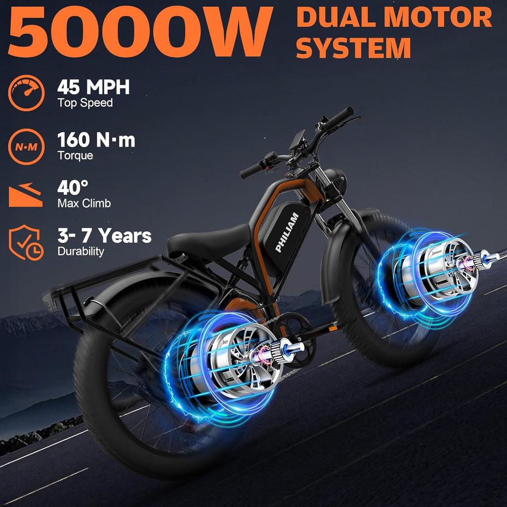 Electric Bike for Adults,5000W/3000W Peak Dual Motor ebike 35MPH E Bikes for Men Women,52V 32/23AH Battery, 80/100 Miles Range Ebike,26'Fat Tire Full Suspension E-Bike