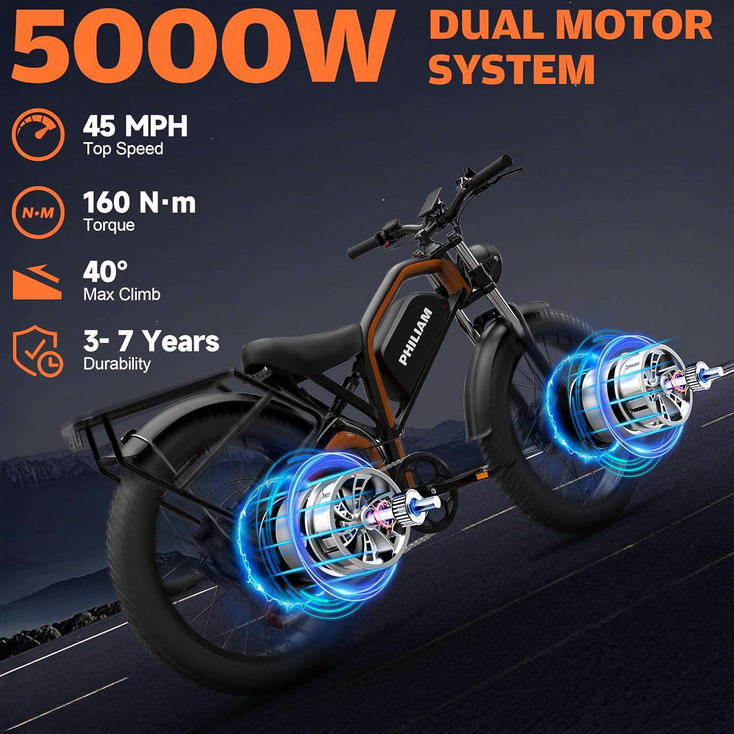 Electric Bike for Adults,5000W/3000W Peak Dual Motor ebike 35MPH E Bikes for Men Women,52V 32/23AH Battery, 80/100 Miles Range Ebike,26'Fat Tire Full Suspension E-Bike