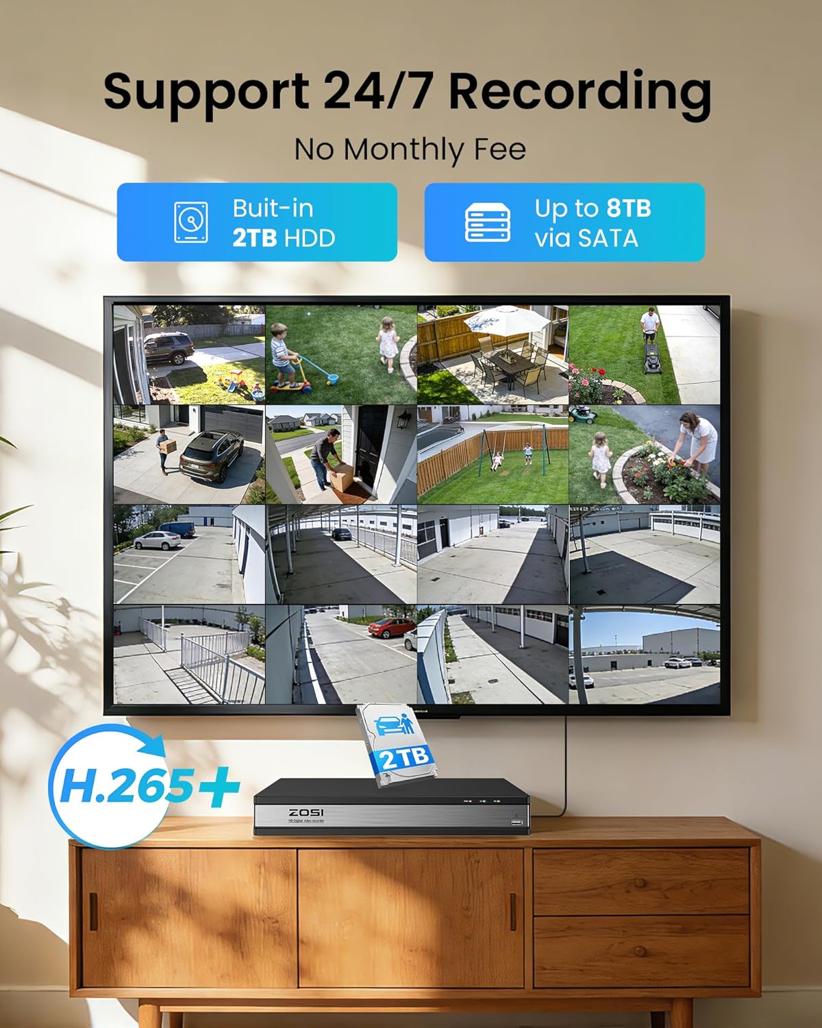 ZOSI 3K Lite 16 Channel Security Camera System with AI Human/Vehicle Detection, 16pcs 2MP Wired Indoor Outdoor CCTV Cameras, Night Vision, 16CH DVR with 2TB HDD for 24/7 Recording, No Monthly Fees