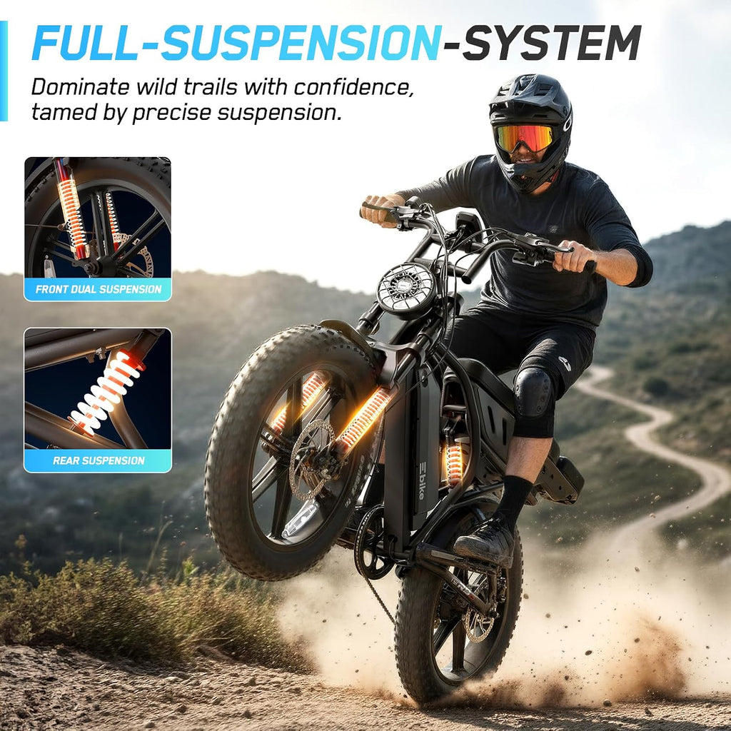 TST Electric Bike for Adults, 1500W Peak Motor 60/100 Miles Fat Tire Ebike with 48V 15Ah/25Ah Removable Battery 20' Fat Tire Electric Dirt Bike Full Suspension and 7-Speed