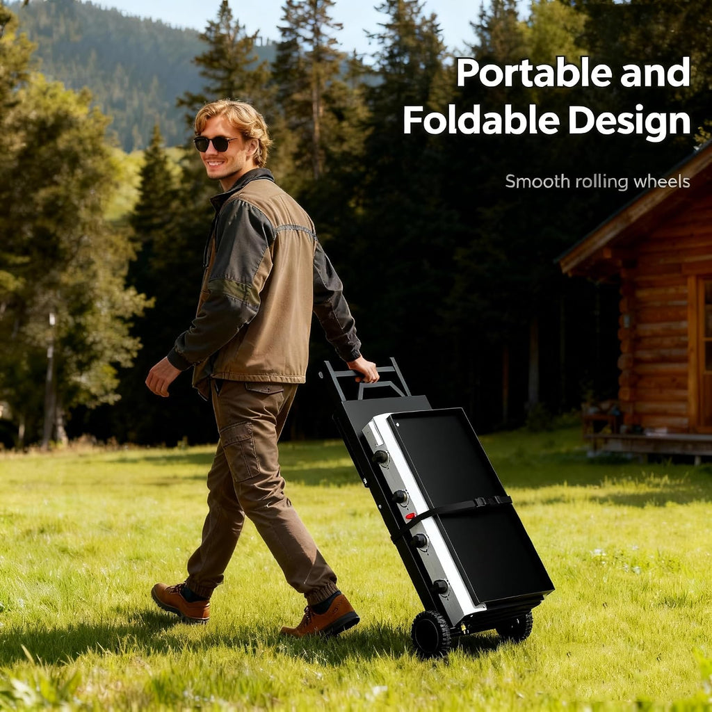 ROVSUN 40000 BTU Foldable Flat Top Gas Grill with Wheels & Enameled Tray, 4 Burner Portable Propane Griddle with Electronic Ignition & Regulator for Outdoor Cooking Camping BBQ Tailgating Picnicking