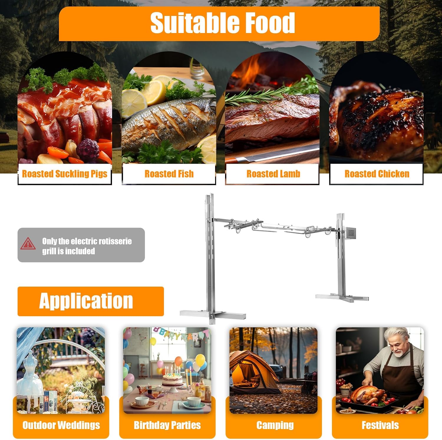 53' Electric Rotisserie Grill Kit, 88.18lbs Capacity Large Spit Roaster BBQ Grill 360° Rotatable Outdoor Picnic Cooker Grill 25W with Adjustable Height, for Outdoor Camping Party