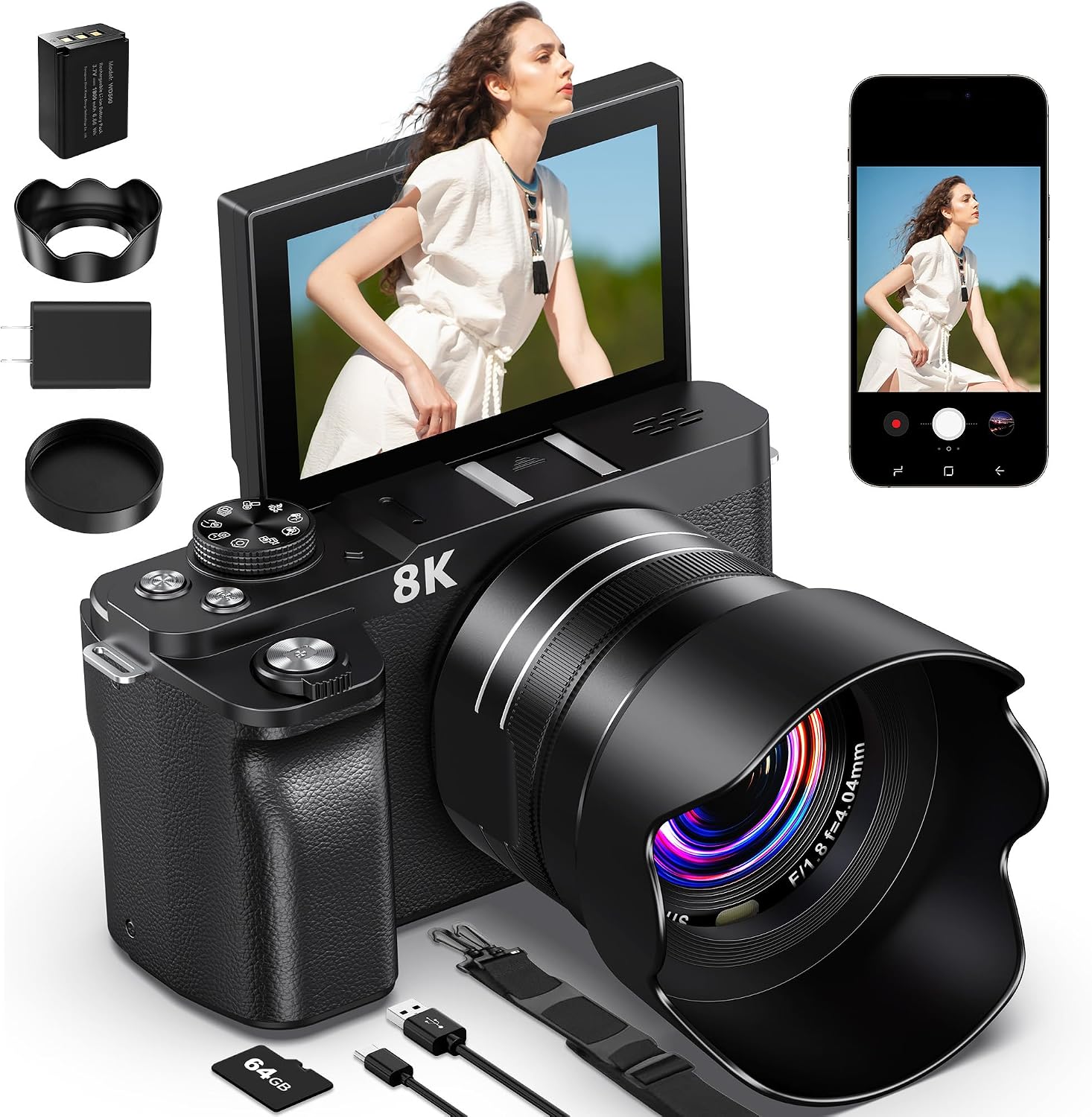 8K Digital Camera, 88MP Cameras for Photography, Vlogging Camera for YouTube with 3' 180° Flip Screen, 18X Zoom UHD Autofocus Video Camara with Lens Hood, 64GB Card